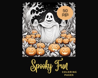 May include: A black and white illustration of a Halloween-themed coloring book cover. The image features smiling ghosts, carved pumpkins, and the text "Spooky Fun Coloring Pages". A circular graphic indicates "50 pgs".