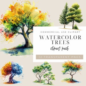 Collezione di Clip Art di alberi acquerellati stravaganti per progetti ispirati alla natura Immagini ad acquerello
