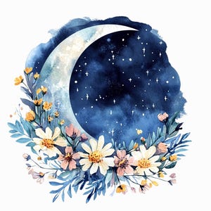 Blau und Gold Himmlische Halbmond Sternenhimmel 1 Stück Clipart PNG 300 dpi Perfekt für Einladungen, Karten Stabiles und transparentes Bild inkl