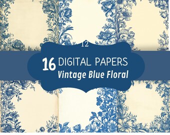Ivory Blue Floral, Digital Paper, Pack 16 pages, 12 x 12, 300 dpi, Flowers, Textures, Scrapbook, Journal