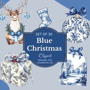 May include: A set of 30 blue Christmas clipart images. The images include a reindeer, a stocking, a Christmas bauble, a gift box, and a winter scene. The images are all in a blue and white colour scheme.
