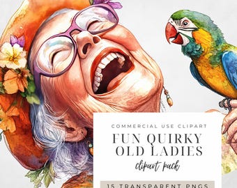 Quirky Funny Older Ladies/Women, Clipart, Collection, watercolor pics, watercolour,  images, PNG, scrapbooking, junk journal, wall art