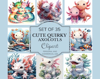 CUTE QUIRKY Axolotls Digital Images PNGs 300 dpi  – Perfect for Invitations, Wall Art, Shirts & More!watercolor pics