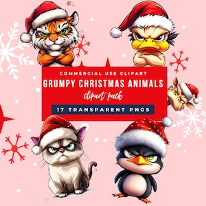 Può includere: Una collezione di clipart di animali natalizi scontrosi. Le illustrazioni includono una tigre, un'anatra, una giraffa, un gatto e un pinguino, tutti con cappelli di Babbo Natale. Il testo sull'immagine recita "Grumpy Christmas Animals clipart pack" e "17 Transparent PNGs."