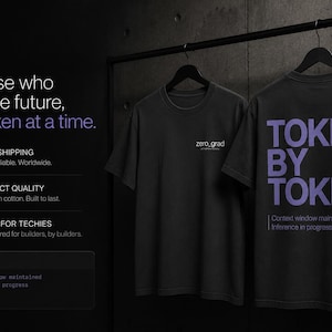 Pode incluir: Duas camisetas pretas penduradas em um cabide. Uma tem o texto "TOKEN BY TOKEN" em roxo nas costas, a outra "zero_grad" na frente. A imagem também inclui o texto "for those who build the future, one token at a time."