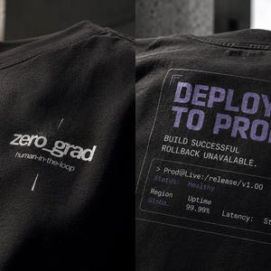 Maglietta DevOps con grafica "Deployed to Prod Programmer" per ingegneri del software.