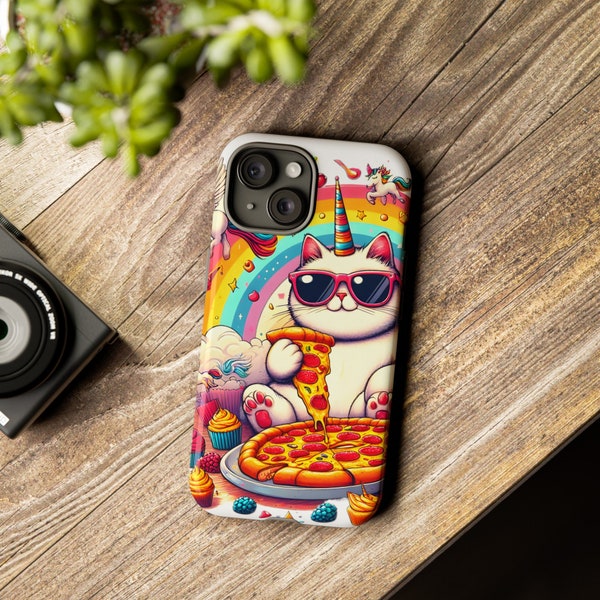 Funny Cat and Unicorn Phone Case - Whimsical Cat Eating Pizza Design - Tough Case for iPhone Samsung - Unique Animal & Fantasy Art Cover