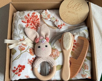 New Baby Girl Gift Box, Crochet Bunny Rattle, Baby Shower Gift Girl, New Baby Gift, Baby Shower Gifts, Burp Cloths, Big Sister Gift, Rattle