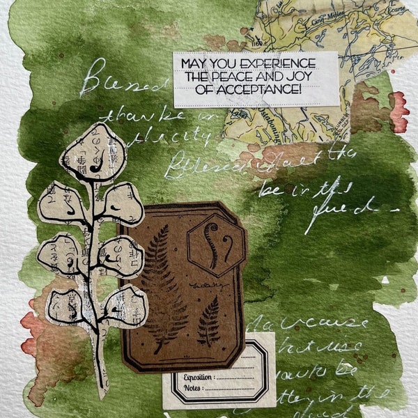 Mixed Media Collage with Ink Stained Paper, Vintage Map, Book Pages and Botanical Detail