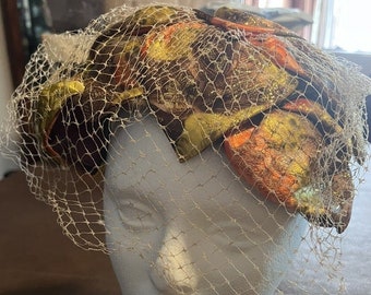 Women's Vintage UNION MADE Gold and Orange Pillbox Hat with Veil