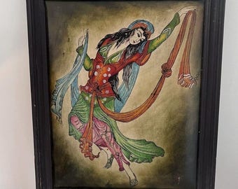 Persian Oriental Girl Dancing Vintage Persian Framed Hand Painting On Leather