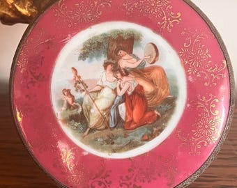 Pastoral Themed Lilac Colored Antique German Porcelain Jewelry Box With Mirror