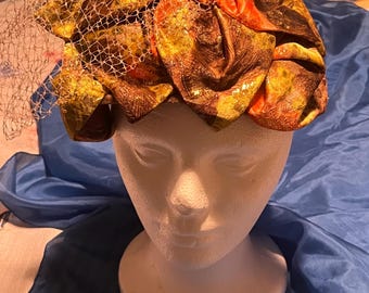 Gold and Orange Union-Made Vintage Womens Pillbox Hat with Veil