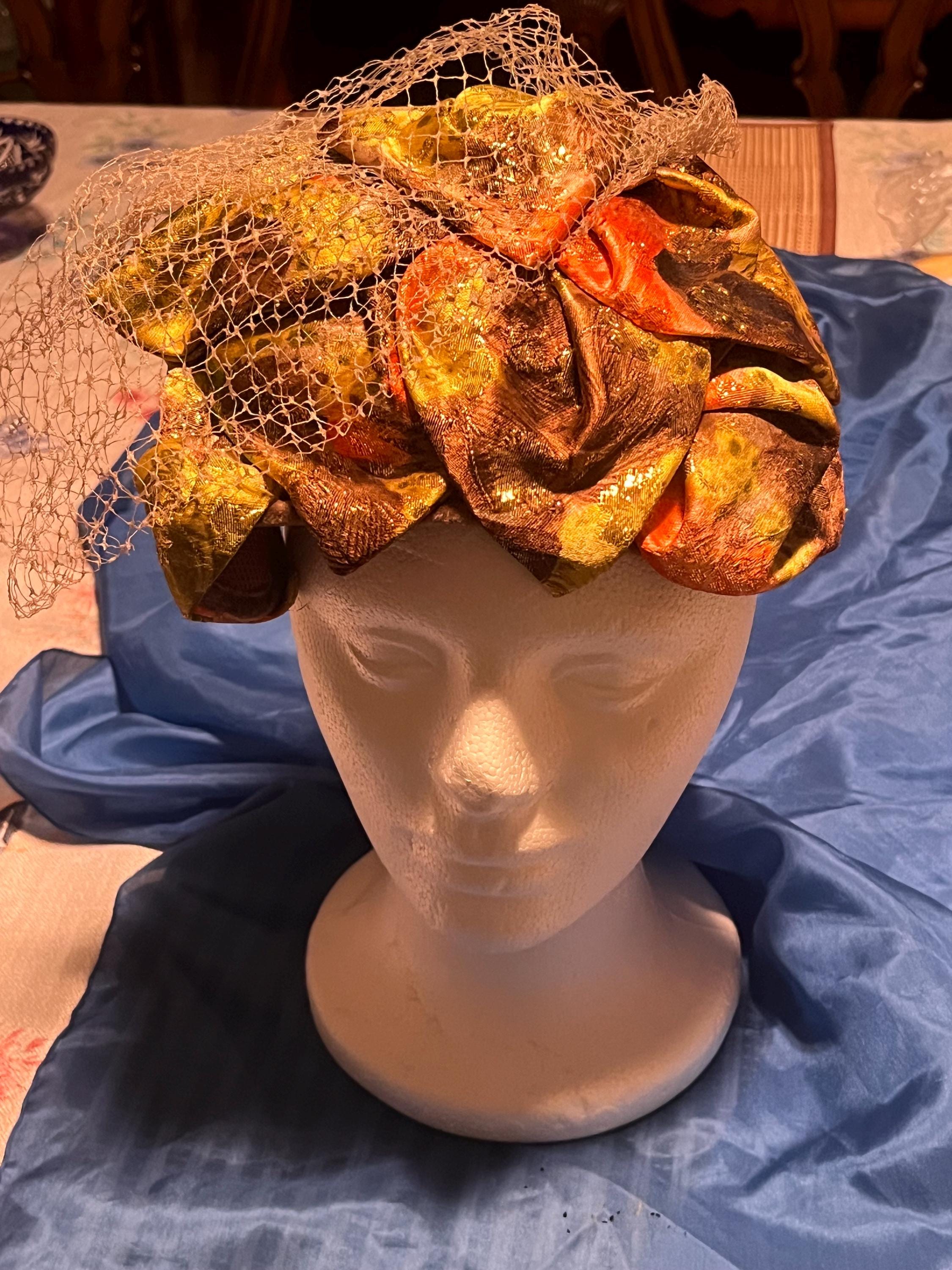 WOMEN\'S VINTAGE UNION-MADE GOLD ORANGE PILLBOX HAT WITH VEIL Gold and Orange Union-made Vintage Womens Pillbox Hat With  main image 3