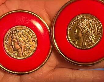 French Republic Republique Francaise Coin Clip-on Red And Gold Graziano Earrings