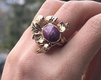 ANTIQUE 14K Yellow Gold Massive Flower with "RED STAR" Ruby Ring, Art Nouveau Style