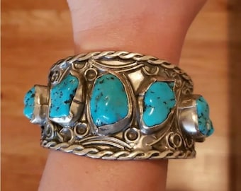 Vintage Sterling Silver Massive Cuff Bracelet With 7 Turquoise Nuggets