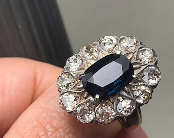 Antique Victorian 18K Yellow Gold/Sterling Ring with SAPPHIRE & DIAMONDS