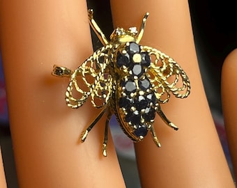 Vintage 14K Yellow Gold Filigree “Fly” Pin Brooch Diamonds and Sapphires