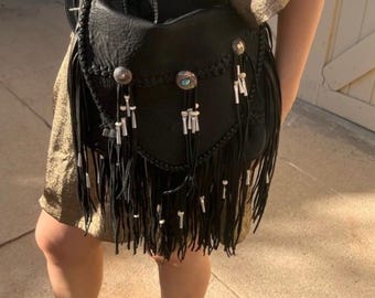 WESTERN STYLE Black Deerskin Leather Crossbody Flap Bag with Fringes and Stones