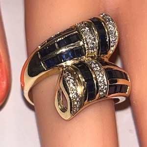 VINTAGE Estate 14K Yellow Gold Bypass Ring w DIAMONDS & SAPPHIRES, 1960&#39;s