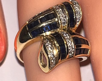 VINTAGE Estate 14K Yellow Gold Bypass Ring w DIAMONDS & SAPPHIRES, 1960's