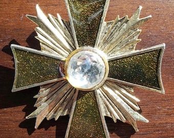 Richard Serbin Vintage Green Maltese Cross Brooch (Pin Brooch)