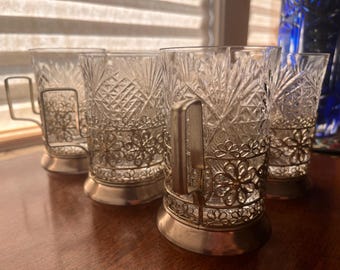 Set of 6 Russian Filigree Glassholders With Glasses Circa 50s