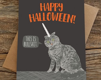 funny halloween card / unicorn cat / mature
