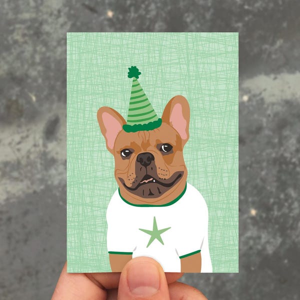 mini birthday card / gift enclosure / french bulldog party hat