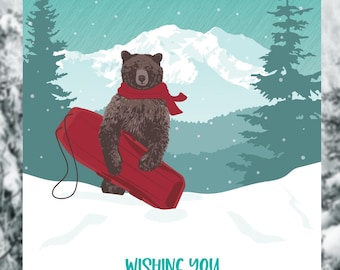 holiday card set / bear sledding / boxed set of 8
