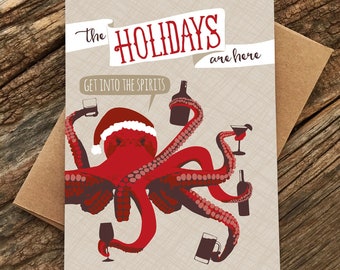 funny holiday cards / into the spirits / octopus / boxed set of 8