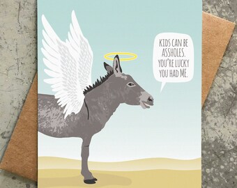 funny mom or dad card / mother's day / father's day / angel donkey