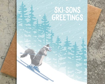 Lustige Weihnachtskarten / Ski Eichhörnchen / 8 Stück im Set