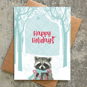 Tarjetas navideñas / Mapache con bastones de caramelo / Caja con 8 unidades