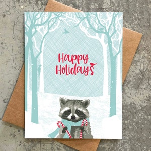 holiday cards / raccoon with candy canes / boxed set of 8