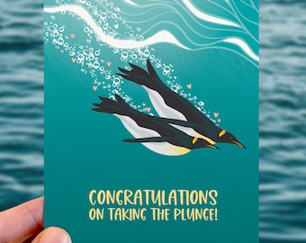 cute wedding card / penguins taking the plunge