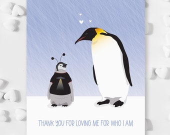 cute mother's day card / loving me for who I am / penguins