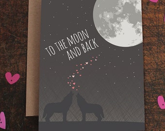 carte d'anniversaire / carte d'amour / je t'aime jusqu'à la lune et le dos / loups