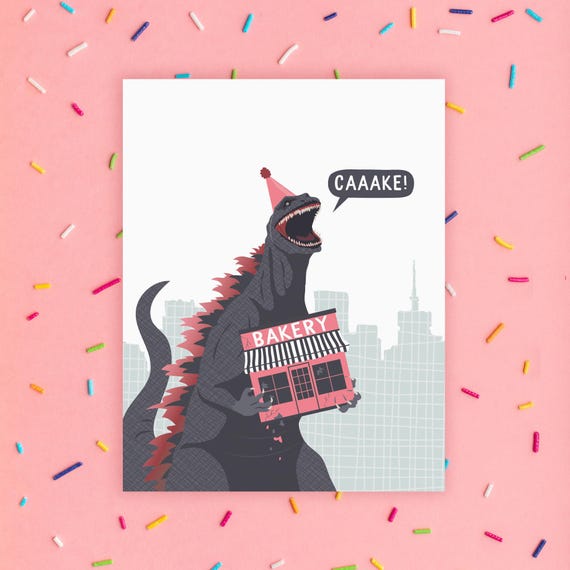 funny birthday card / godzilla's bakery