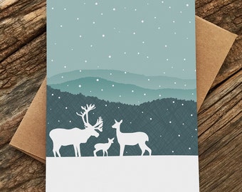 blank note card set / deer family snow