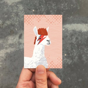 May include: A white llama with a red and blue lightning bolt design on its face and a red mohawk. The llama is on a pink background with a white polka dot pattern.