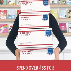 May include: A person holding a stack of five white Priority Mail boxes with red and blue lettering. The boxes are labeled "Regional Rate Box A", "Medium Flat Rate Box", and "Tracked & Insured". The text "SPEND OVER $35 FOR FREE SHIPPING!" is displayed in red letters on a white background.