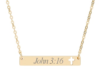 John 3:16 Cross Bar Necklace, Engraved Christian Jewelry