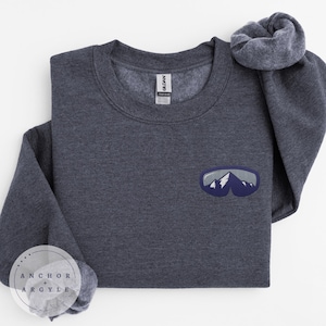 Embroidered Ski Goggles Sweatshirt: Mountain Reflection Winter Crewneck