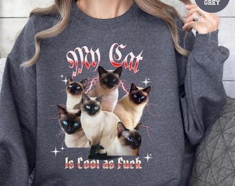 Custom Cat Photo Funny Sweatshirt Personalized Cat Picture Shirt for Cat Mom Cat Dad Gift for New Cat Owner Funny Christmas 90's Bootleg