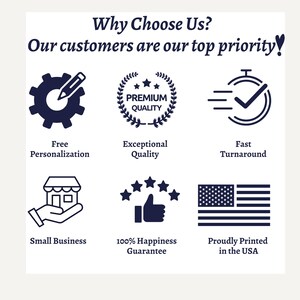 May include: A graphic with nine icons representing the benefits of shopping with a small business. The icons include free personalization, exceptional quality, fast turnaround, small business, 100% happiness guarantee, and proudly printed in the USA. The text "Why Choose Us? Our customers are our top priority!" is at the top of the graphic.