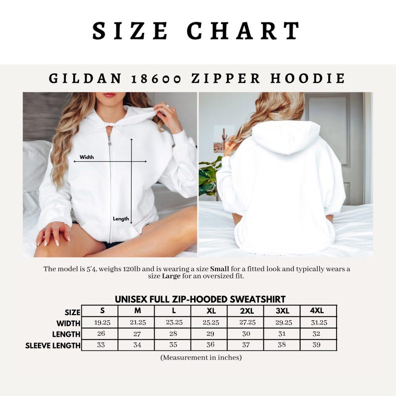 May include: Size chart for a Gildan 18600 zipper hoodie. The chart shows measurements in inches for width, length, and sleeve length for sizes S through 4XL.