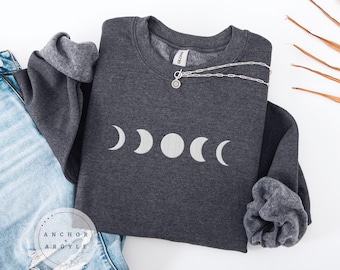 Besticktes Mond Sweatshirt | Mondphasen himmlischer Rundhalsausschnitt