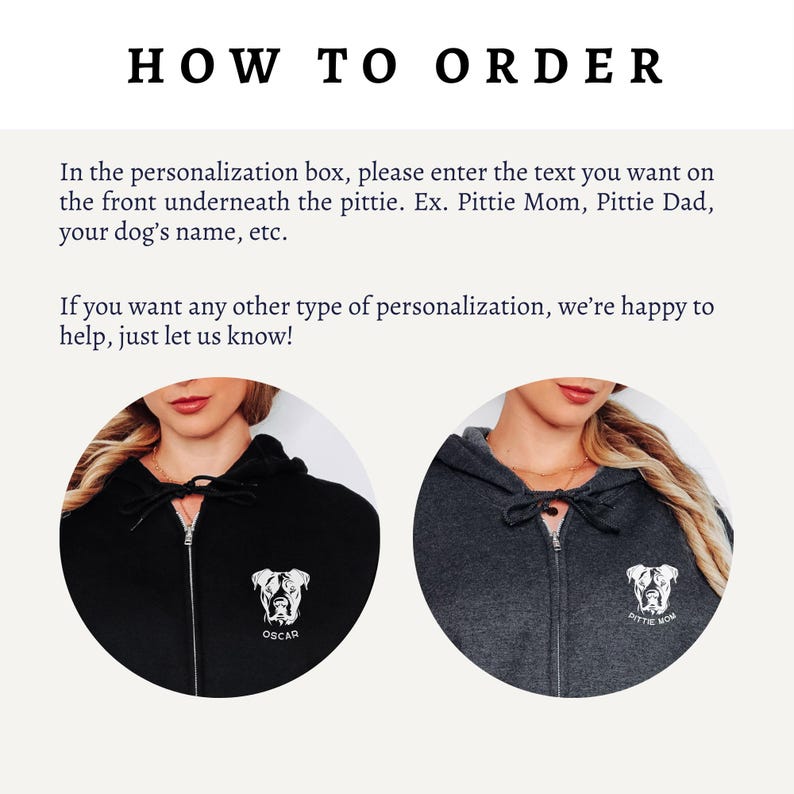 May include: Two images of hooded sweatshirts with a pit bull silhouette on the front. The first sweatshirt is black with the text "OSCAR" underneath the silhouette. The second sweatshirt is gray with the text "PITTIE MOM" underneath the silhouette.